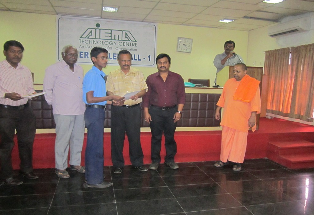 Course completion certificate issued to the candidate by Mr. Sai Sathyakumar Chairman Aiema Technology Centre in the presence of Mr. Shanmugam C.E.O, Mr. Sathyagnananda Secretary Sri Ramakrishna Mission, Mr. Venu Secretary Aiema Technology Centre